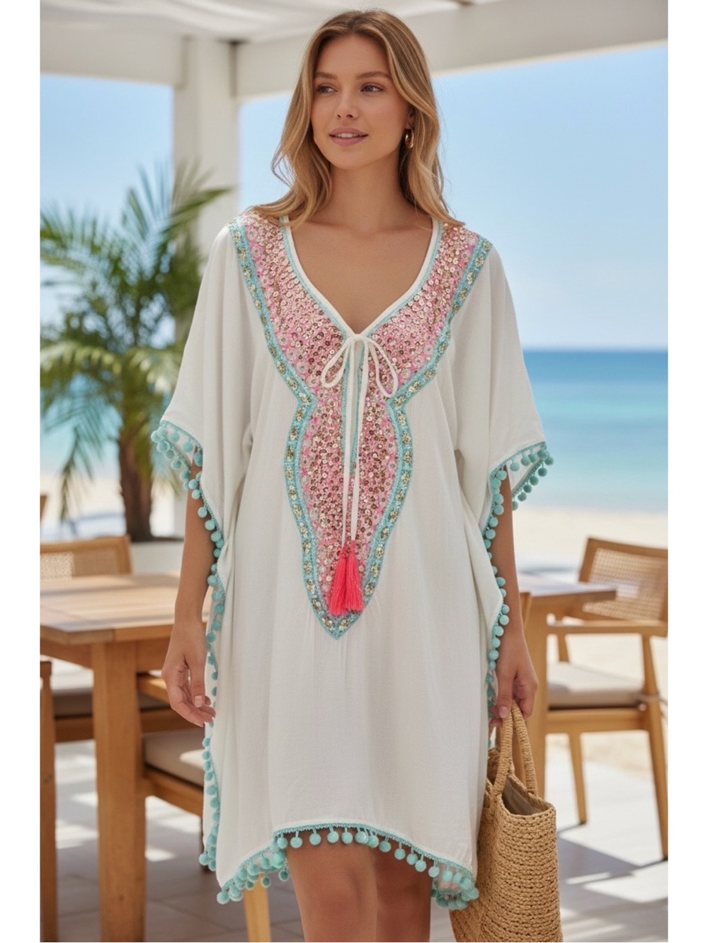 Miss June Paris Boho Beach Dress One Size Ivory Pink Blue Embroidered Sequins
